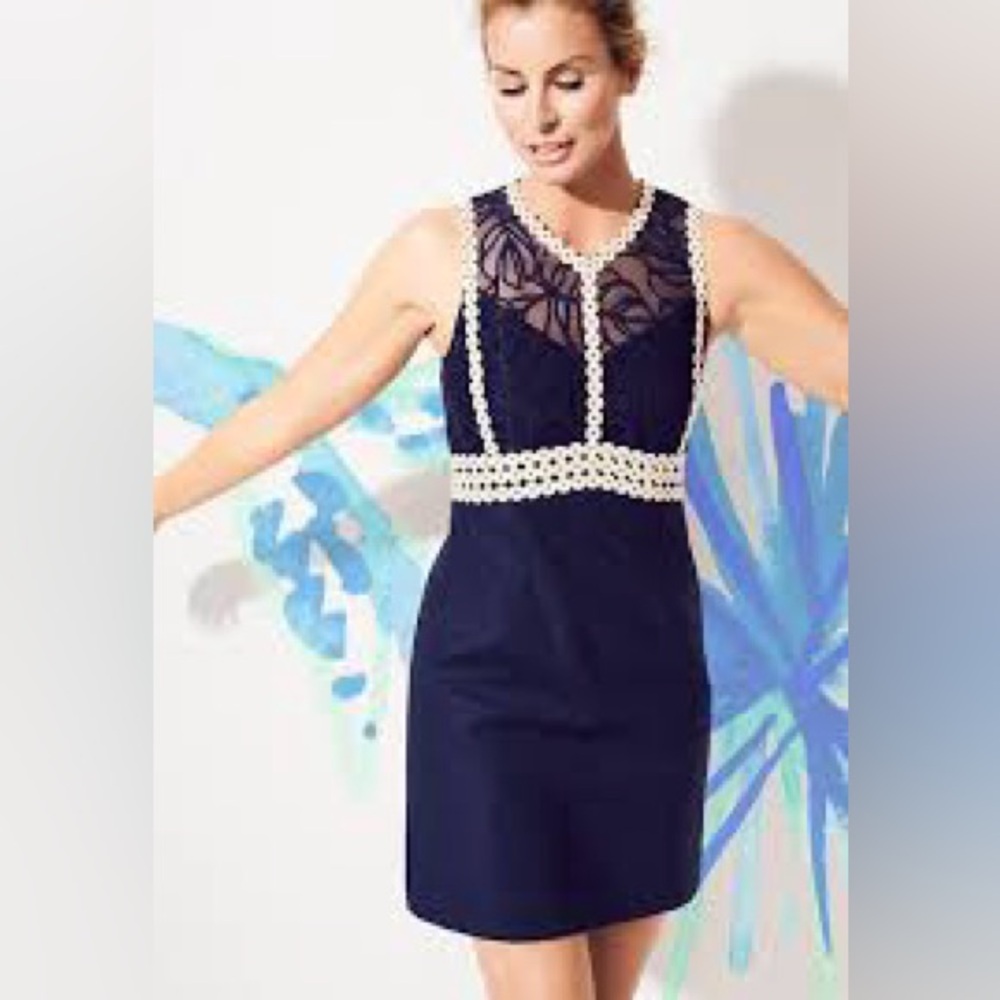 Lilly Pulitzer Leigh Stretch Navy & Gold Lace Shift Dress – Size 4 $238